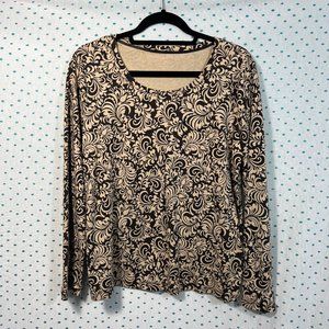 White Stag Plus Size Brown & Tan Floral Leaf Long Sleeve Crewneck Shirt